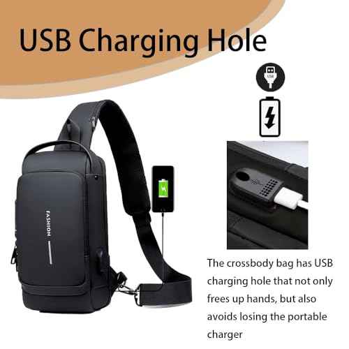 Travel Sling Bag Waterproof Crossbody Bag with Combination Lock Anti-Theft PU Leather Chest Bag with USB Charging Hole Shoulder Backpack Motorcycle Bags Black