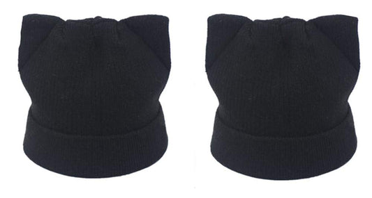 Women Cat Ear Beanie Hat WoolBraided Knit Trendy Winter Warm Cap-black-2pcs