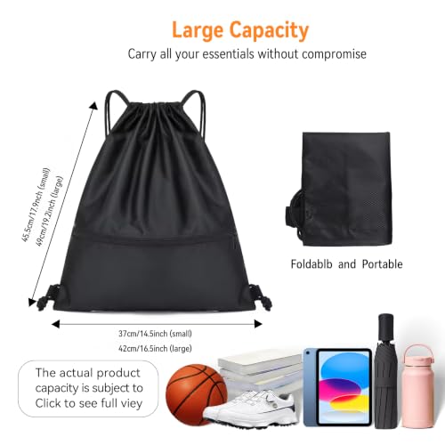 Arae Small Water Resistant Drawstring Backpack Bag - Black Gym Sack