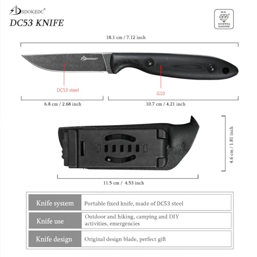 SDOKEDC Knives DC53 Steel Tactical Fixed Blade Knife with kydex sheath for Men EDC Outdoor Camping Survival Hunting (Black G10 handle)