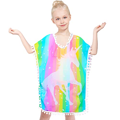 PASHOP Swim Cover Ups for Girls Terry Cover Up Swimwear Hoodie Zipper Cover-up (Rainbow Unicorn, 3-6 Years)