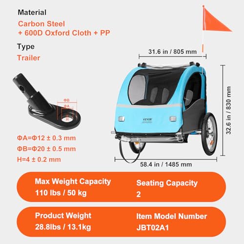 VEVOR Bike Trailer for Toddlers, Kids, Double Seat, 110 lbs Load, Tow Behind Foldable Child Bicycle Trailer with Universal Bicycle Coupler, Canopy Carrier with Strong Carbon Steel Frame, Blue and Gray