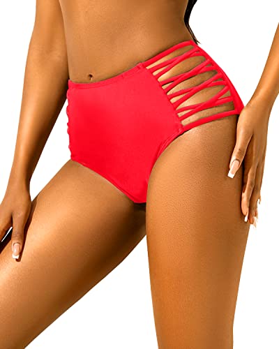 Holipick Women High Waisted Bikini Bottom Tummy Control Swim Bottom Strappy Bathing Suit Bottom Fluorescent Red L