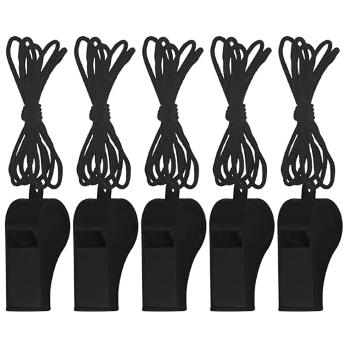 5 Pcs Loud Plastic Emergency Whistle with Lanyard for Outdoor Activities, Coach Trainning Whistles Party Whistles for School Sports and Kids Parties Gift Boxes Fillers (black)