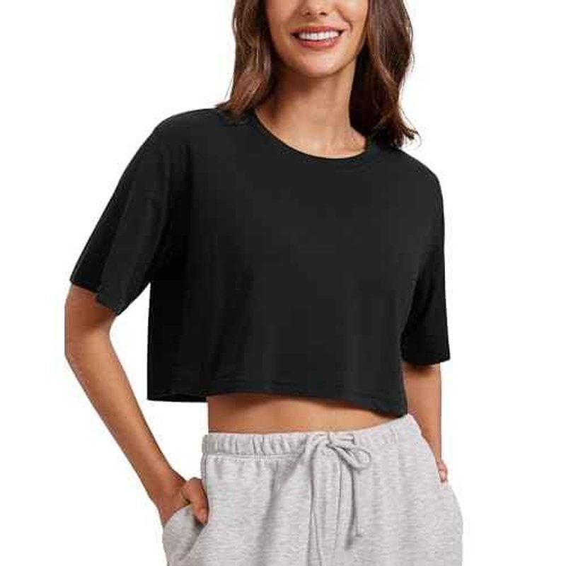 CRZ YOGA Pima Cotton Loose Crop T-Shirts for Women - Workout Yoga Casual Athletic Running Short Sleeve Shirts Crewneck Tops