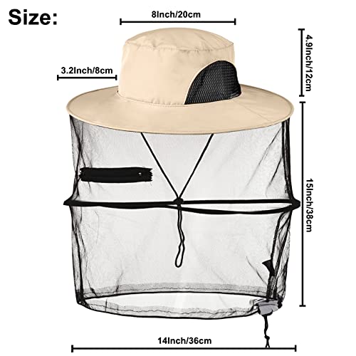 Fishing Head Net Hat, Sun Hat with Hidden Mesh Mask, Unisex Hats for Outdoor Activities, Safari Hat for Hiking, Camping, Gardening-Khaki