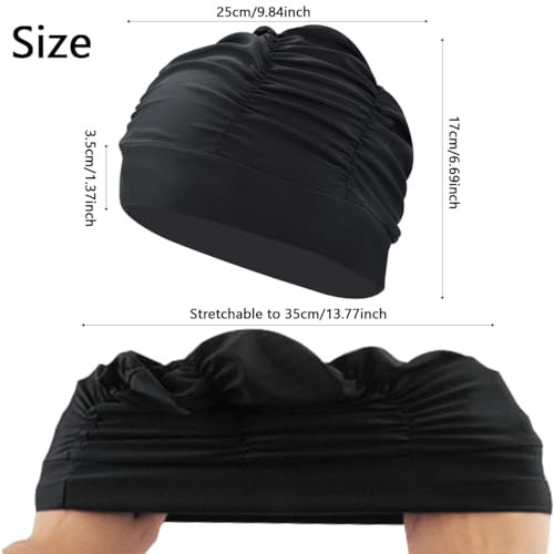 Ewanda store Colorful Pleated Nylon Cloth Swim Cap Large Swimming Cap Hot Spring Bathing Caps for Adult Men Women Long Hair(Black)