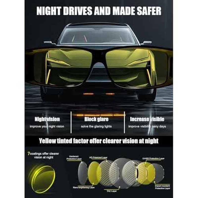Wzerry Night Vision Glasses for Driving Polarized Nighttime Yellow Glasses Fit Over Glasses for Men Women