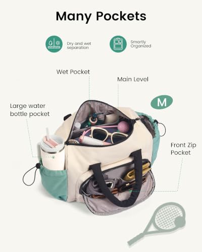 LOVEVOOK Medium Gym Bag with Large Water Bottle Pocket - Green & White