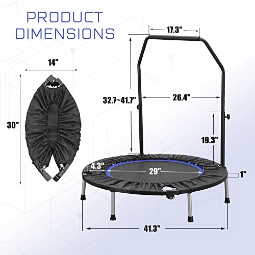 40" Rebounder Trampoline for Adults Fitness Rebounder Trampoline Indoor Outdoor with Adjustable Bar Foldable Min Trampoline Jumping Workouts