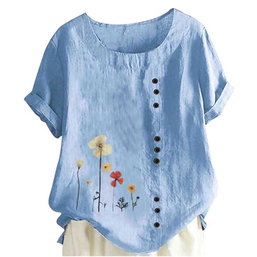 Plus Size Linen Tops for Women 2024 Summer Short Sleeve T-Shirts Button Shirts Boho Floral Print Casual Blouses