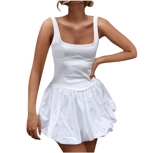 Women's Mini Dresses Tennis Skirts 2024 Fashion Patchwork Solid Color Sleeveless Sports Tank Dress Beach Sundress White Large