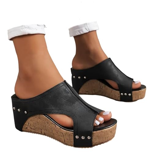 KAPRIOY Womens Sandals Wedge Thick Bottom Studded Comfort Slope Sandals Women Summer Fashion Peep Toe Slip On Slide Slippers