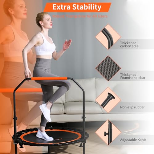 40"/48" Foldable Mini Trampoline Load 450lbs,Portable Exercise Rebounder Trampoline with Adjustable Foam Handle,Fitness Trampoline for Adults and Kids (40 inch with handrail)