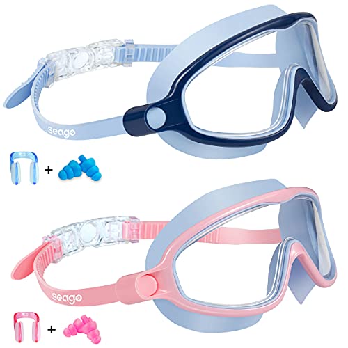 Kids Goggles for Swimming 2 Pack No Leaking Anti-Fog Outer Eye Fit with Wide View UV Protection Crystal Clear Watertight Swim Goggles with nose cover Suitable for Children Youth Boys Girls Age 3 to 15