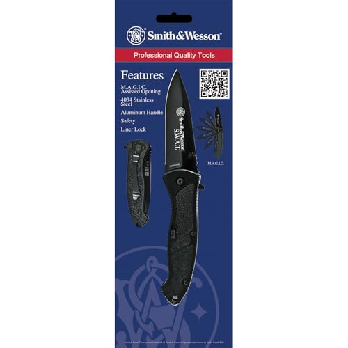 Smith & Wesson SWATMB 7.5in High Carbon Stainless Steel Assisted Opening Knife with 3.2in Drop Point Blade and Aluminum Handle for Outdoor, Tactical, Survival and EDC, Black