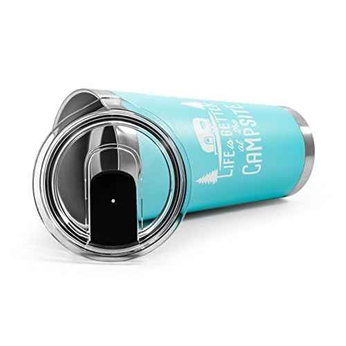 Camco Life is Better at The Campsite Tumbler | Heavy Duty Double Wall Vacuum Insulation | Crafted of 18/8 Stainless Steel | Unique ¡°Life is Better at The Campsite¡± Design on Cool Blue | 20-oz (53057)