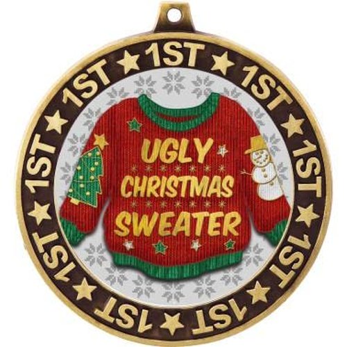 Ugly Christmas Sweater 1st Place Perimeter Medals and Trophies, 2.75" Gold Ugly Sweater Medal Awards, 5 Pack Prime