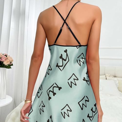 Womens Nightdress Fashion Print Sexy Backless Ice Silk Sling Pajamas Dresses Nightgowns Chemise Sleepwear Lingerie Style003 White Large