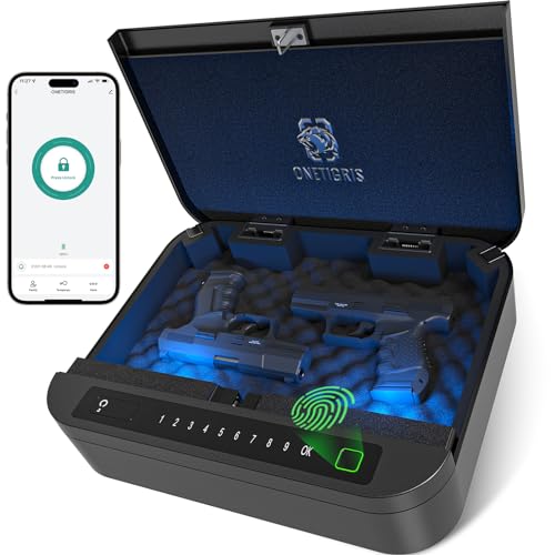 OneTigris Gun Safe, 0.1S APP Biometric Gun Safe with 4 Ways Quick Access, APP/Fingerprint/Numeric Code/Keyhole, Handgun Safe for Nightstand, Home, Bedside, and Car