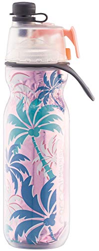 O2COOL Mist 'N Sip Misting Water Bottle 2-in-1 Mist And Sip Function With No Leak Pull Top Spout Sports Water Bottle Reusable Water Bottle - 20 oz (Pink Palm Tree)