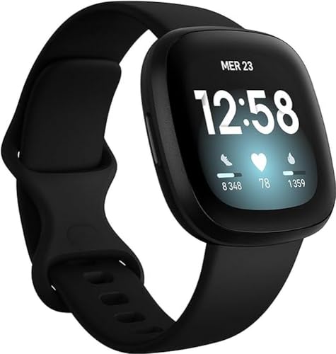 Fitbit Versa 3 Health & Fitness Smartwatch with GPS, 24/7 Heart Rate, Alexa Built-in, 6+ Days Battery, Black/Black, One Size (S & L Bands Included)