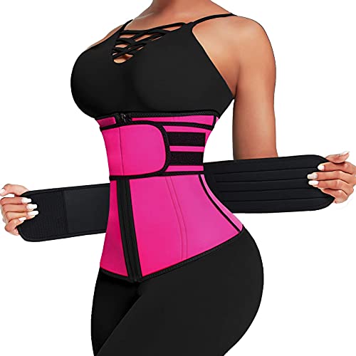 Wonder-Beauty Waist Trainer for Women Plus Size Two Belts Neoprene Workout Corset Waist Trainer Cincher Trimmer Rose Red-XS