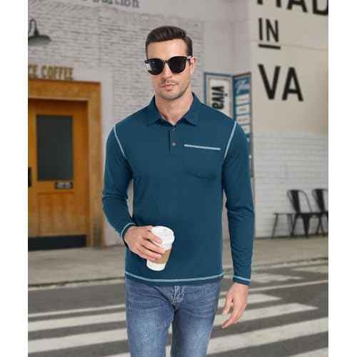 ZITY Men's Casual Long Sleeve Polo Shirts Classic Button Cotton Work T-Shirt Collared Basic Golf Shirt with Pocket