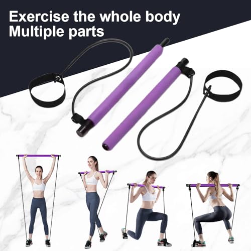 Pilates Sculpt Bar, Portable Pilates Stick Squat Training Bar Kit with Resistance Bands, Multifunctional Stretched Fusion Pilates Bar for Women Yoga Pull Rod Chest Fitness Workout (1, purple)