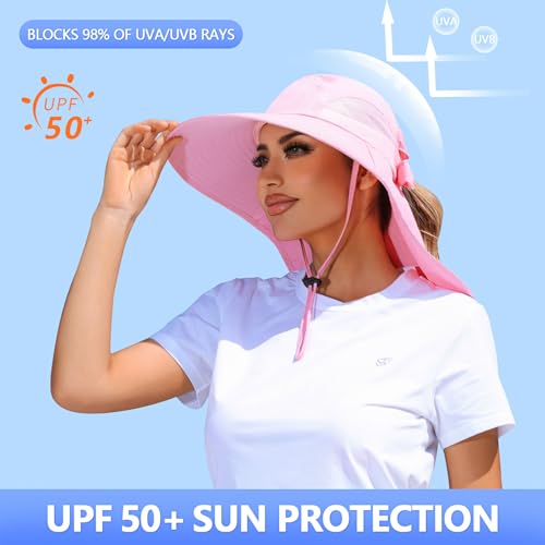 SENWAI Womens Sun Hat Outdoor UV Protection Wide Brim Fishing Hat with Ponytail Hole Neck Flap for Beach Hiking Camping, Pink