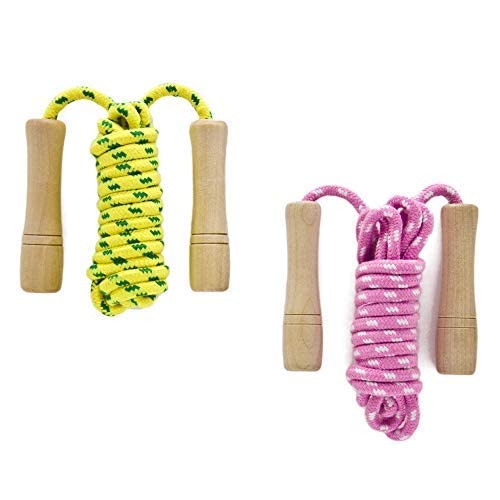 Cotton Jump Rope for Kids - Wooden Handle - Adjustable Cotton Braided Fitness Skipping Rope - Outdoor Fun Activity, Great Party Favor, Exercise Activity, Pack of 2 (Yellow+Pink)