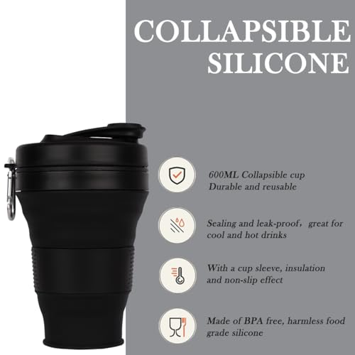 CYNROFVEN Silicone Coffee Cup with Straw lid Collapsible Cups for Traveling 20oz Lightweight Folding Water Mug for Picnic Hicking Camping Climbing (Black)