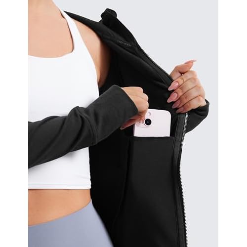 CRZ YOGA Womens Fleece Full Zip Hoodie Jackets Workout Hooded Zipper Basic Casual Sweatshirts with Thumb Holes