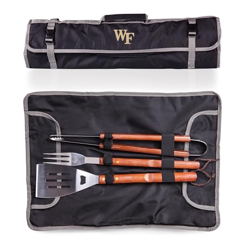 PICNIC TIME NCAA West Point Black Knights 3-Piece BBQ Tote & Grill Accessories Set, Outdoor Gril Set with Case, BBQ Spatula, BBQ Fork, and BBQ Tongs, (Black with Gray Accents)