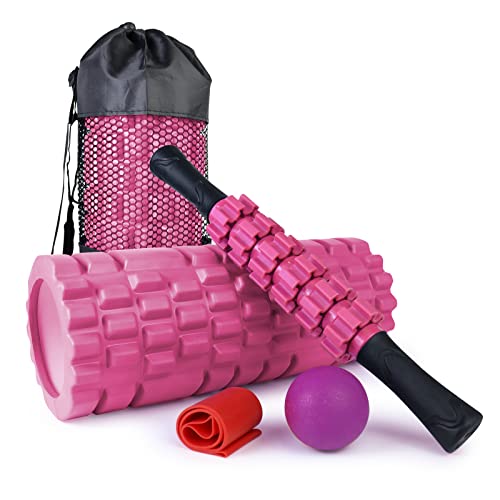 JOYENERGY 5 in 1 Foam Roller Set High Density Foam Roller Patented, Massage Stick, Massage Ball, Stretching for Deep Muscle Massage Pilates Yoga, Fitness Exercise for Trigger Point Release (Black)