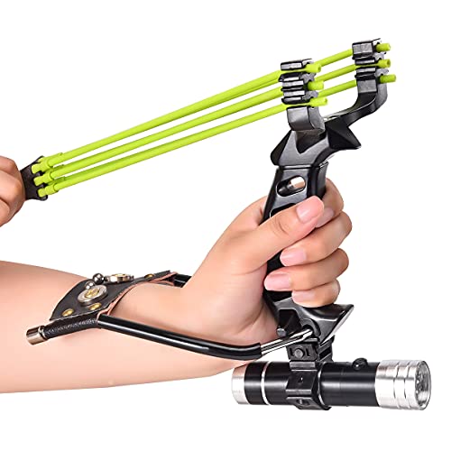 NOBONDO Strong Folding Slingshot - Powerful Adjustable Slingshot Rocket with Wrist Brace Hunting Survival Catapult with 2 Rubber Bands and 100 Ammo Balls