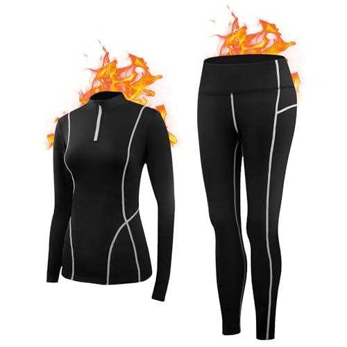 Thermal Underwear for Women,Long Johns Fleece Lined Thermal Base Layer Zip Up Thermals Top and Bottom Set