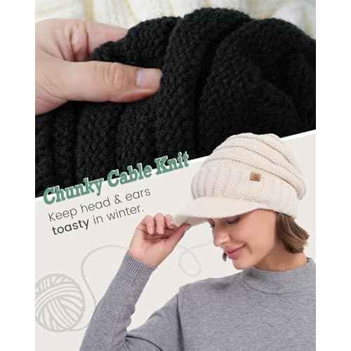 Women Men Winter Beanie Hat with Visor, Warm Fleece Lined Beanie Cap, Thick Knit Cap Slouchy Hat with Brim