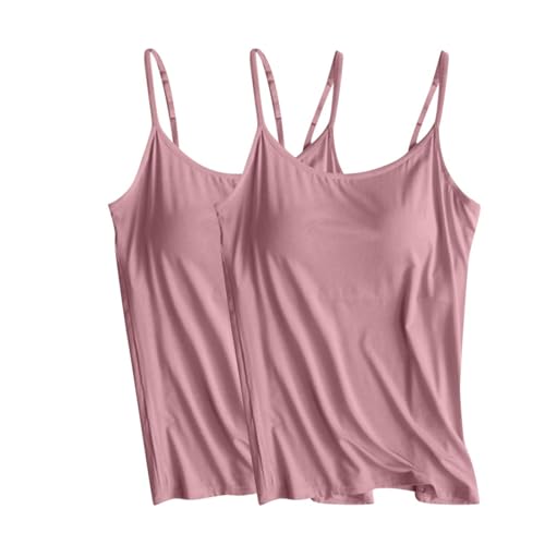 Hesxuno 2 Pack Tank Tops for Women 2024 Cami with Built in Bras Plus Size Shelf Bra Shirt Yoga Athleic Layering Undershirt Gold Pink