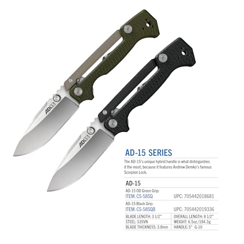 Cold Steel AD-10 and AD-15 Tactical Folding Knife with Lock and Pocket Clip - Premium S35VN Steel Blade, AD-15 Black , 3 1/2"