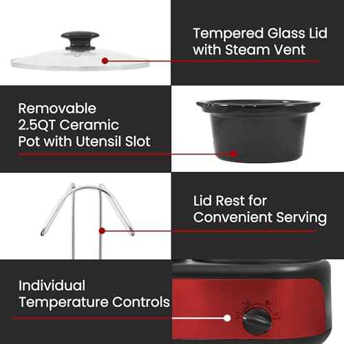 Elite Gourmet EWMST-325R Maxi-Matic Triple Slow Cooker Buffet Server Adjustable Temp Dishwasher-Safe Oval Ceramic Pots, Lid Rests, 3 x 2.5 Qt Capacity, Red