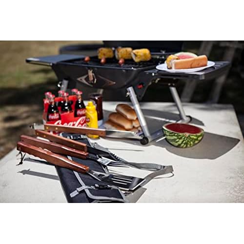 PICNIC TIME NCAA West Point Black Knights 3-Piece BBQ Tote & Grill Accessories Set, Outdoor Gril Set with Case, BBQ Spatula, BBQ Fork, and BBQ Tongs, (Black with Gray Accents)