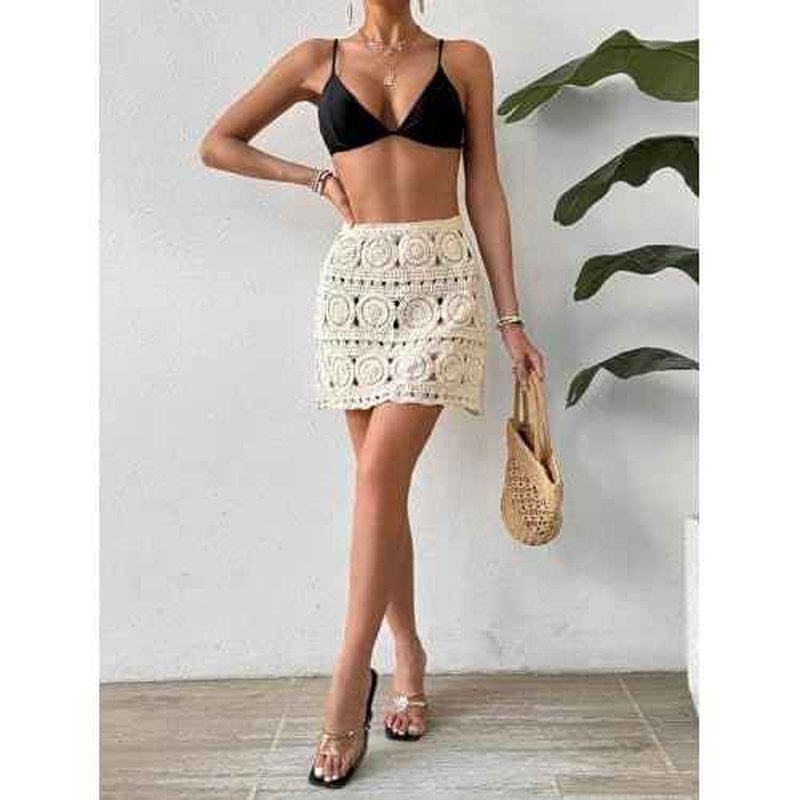 WDIRARA Women's Hollow Out Crochet Knit Cover Up Skirt High Waisted Sheer Beach Skirts