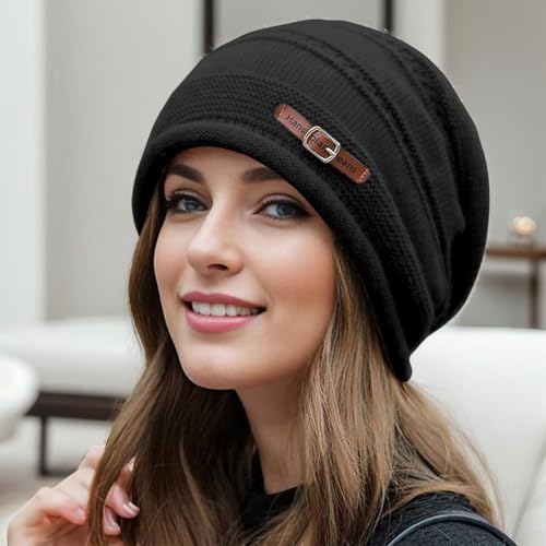 AZJ Women Fleece Slouchy Beanies Winter Oversized Knit Warm Hats Stretch Skull Cap, Black and Beige