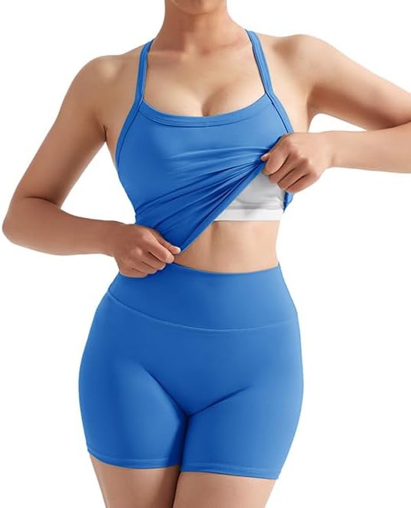 Women’s High Waisted Tummy Control Biker Shorts & Halter Tank Top Set - 2 Piece Workout Outfit