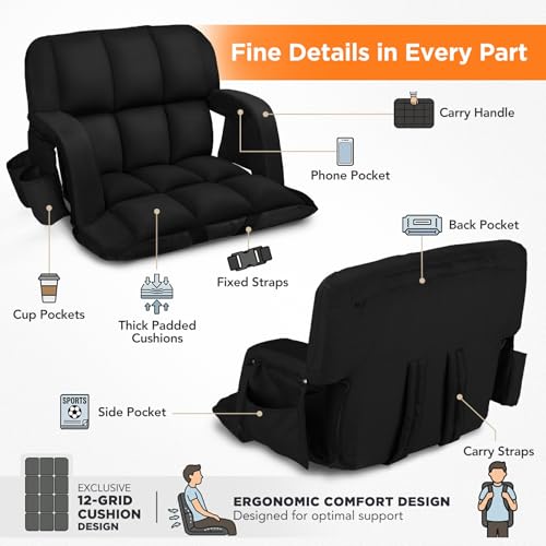 Auratess 22.5" Wide Black Stadium Seat with Back Support, 6 Recline Positions, 2 Pack