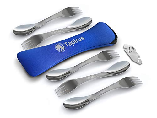 Tapirus 5 Spork Of Steel Utensils Set | Durable & Rust Proof Stainless Steel | Spoon, Fork & Knife Flatware | For Camping, Fishing, Hunting & Outdoor Activities | With Bottle Opener & Carrying Case