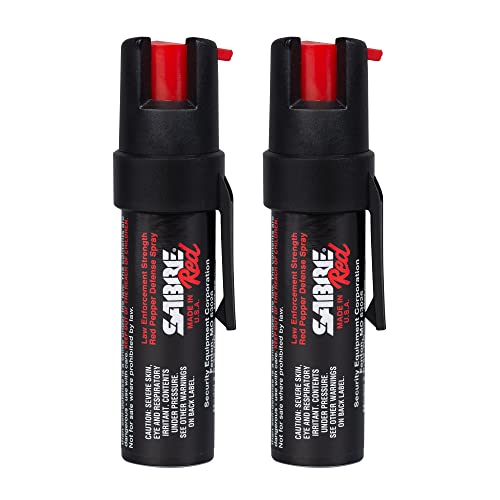 SABRE RED Compact Pepper Spray for Self Defense, Max Police Strength OC Spray, UV Dye, Easy Carry Fast Access Belt Clip, Protect Against Multiple Threats Secure Easy to Use Safety, 0.67 fl oz, 2 Pack