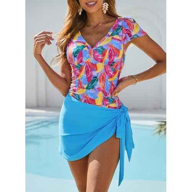 Dokotoo Women's One Piece Swimsuits with Cover up Wrap Skirt Tummy Control V-Neck 2 Piece Padded Bathing Suits