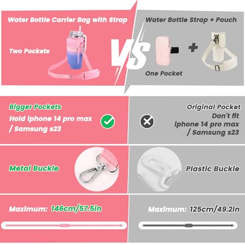 OUTXE Water Bottle Carrier Bag for 30oz Stanley Tumbler with Handle, Water Bottle Holder with Adjustable Strap& Phone Pocket, Stanley Cup Pouch Accessories for Walking, Travel, Camping (Pink Blue)